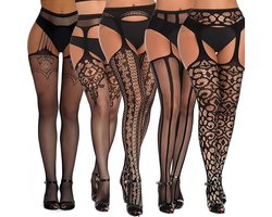 Visnetkousen voor dames - kanten dijhoge panty - pack van 5 - zwart