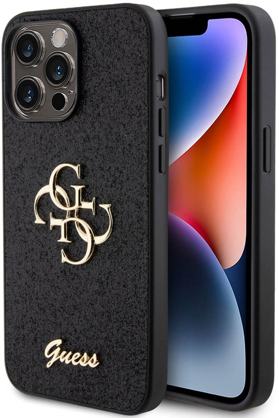 Guess 4G Logo Glitter Back Case - Geschikt voor Apple iPhone 15 Pro Max (6.7") - Zwart