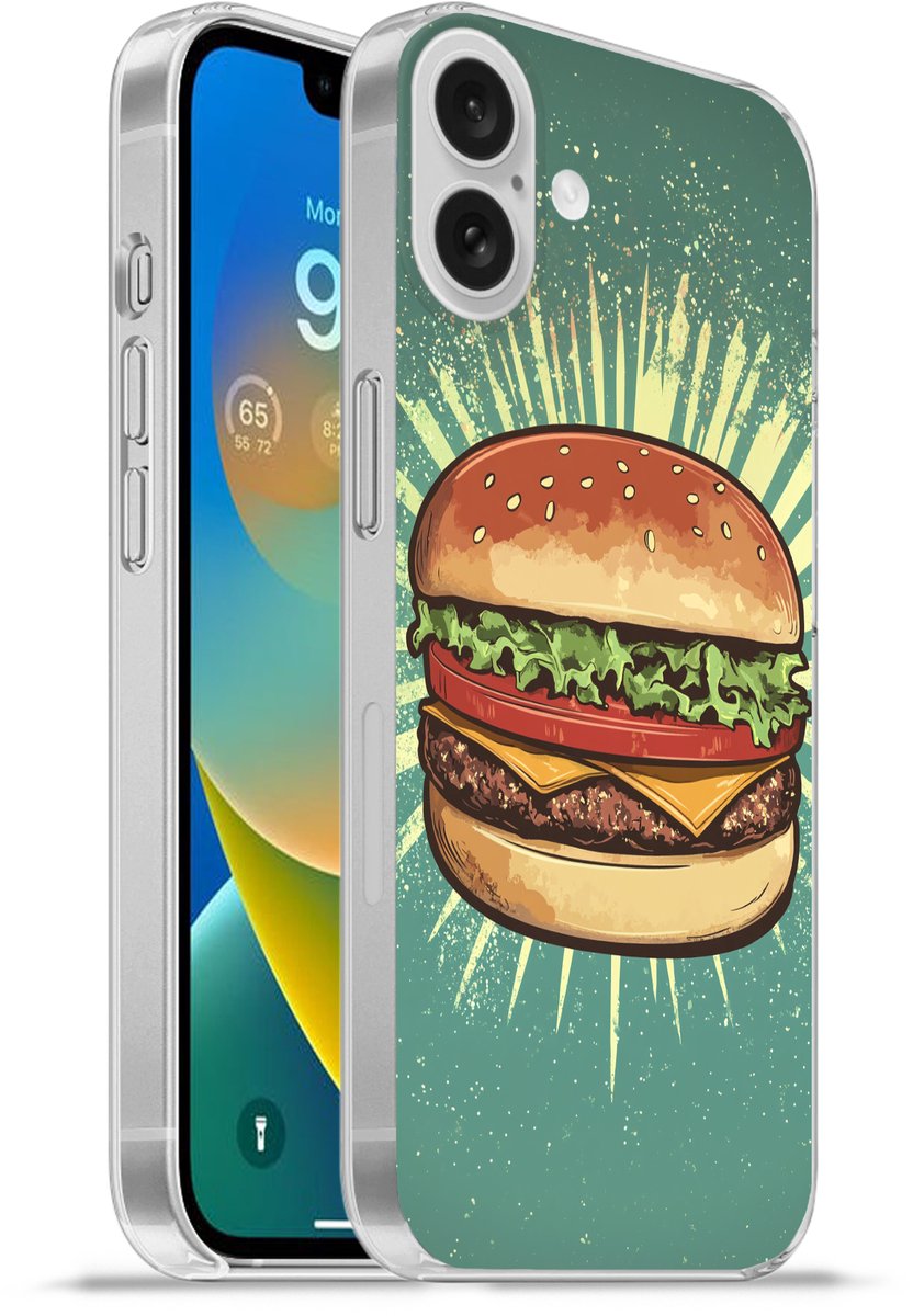 Telefoonhoesje Geschikt voor Apple Iphone 16 Plus hoesje - Hamburger - Illustratie - Sla - Kaas - Siliconen Telefoonhoesje Telefoonhoesje