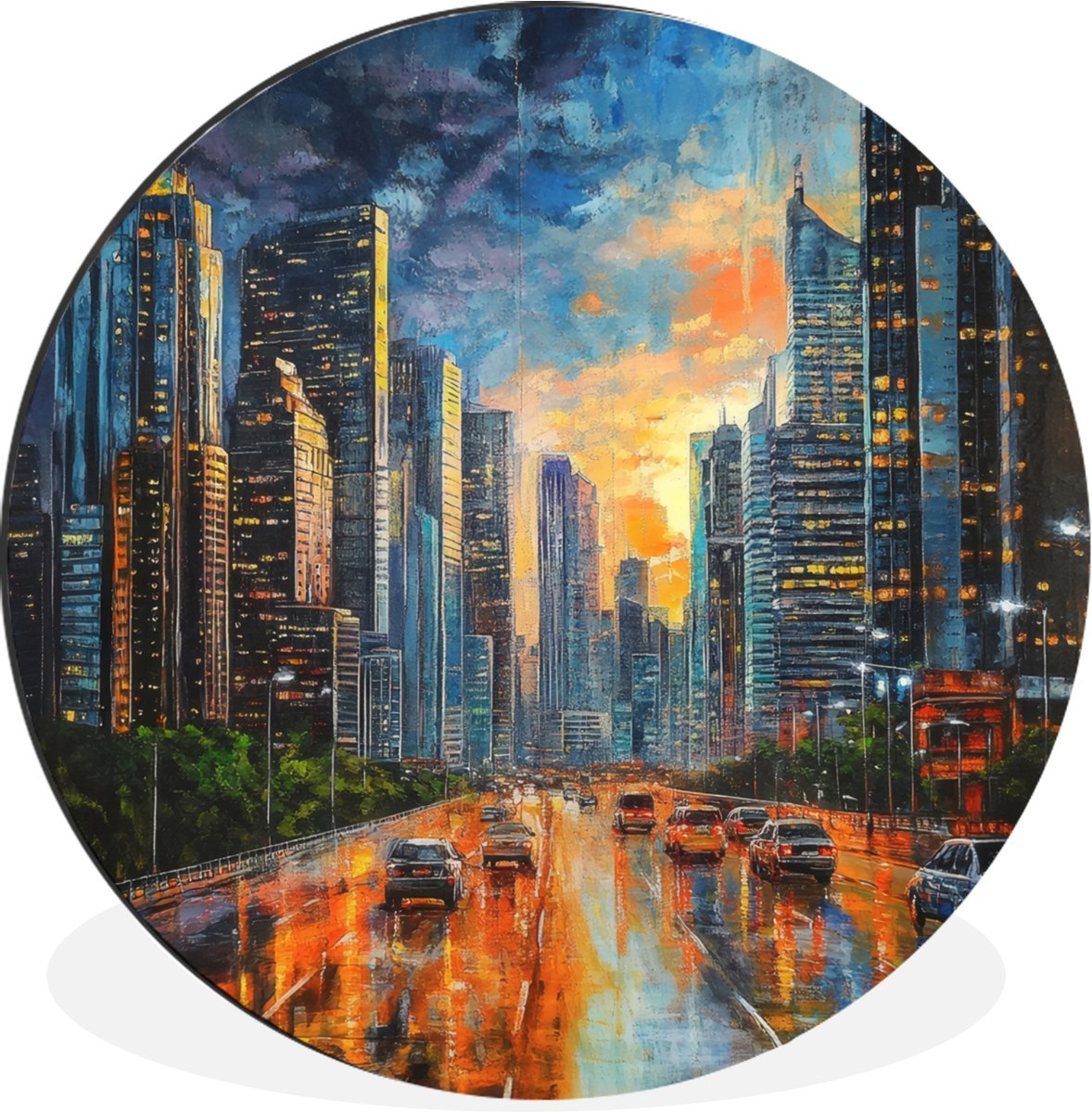 WallCircle Wandcirkel - Muurcirkel - Auto - Skyline - Zon - Blauw - Aluminium - Dibond - 60x60 cm - Binnen en Buiten Auto - Gebouwen