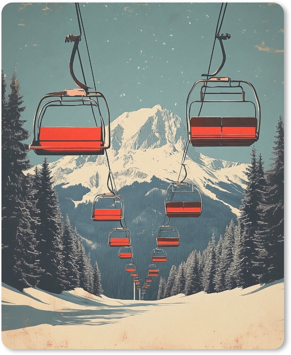 Muismat 19x23 cm - Mousepad Sneeuw - Skilift - Rood - Bomen - Muismatten