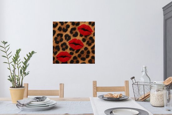 Muurstickers - Sticker Folie - Lippen - Drie - Rood - Panterprint - 50x50 cm - Plakfolie - Muurstickers Kinderkamer - Zelfklevend Behang - Zelfklevend behangpapier - Stickerfolie