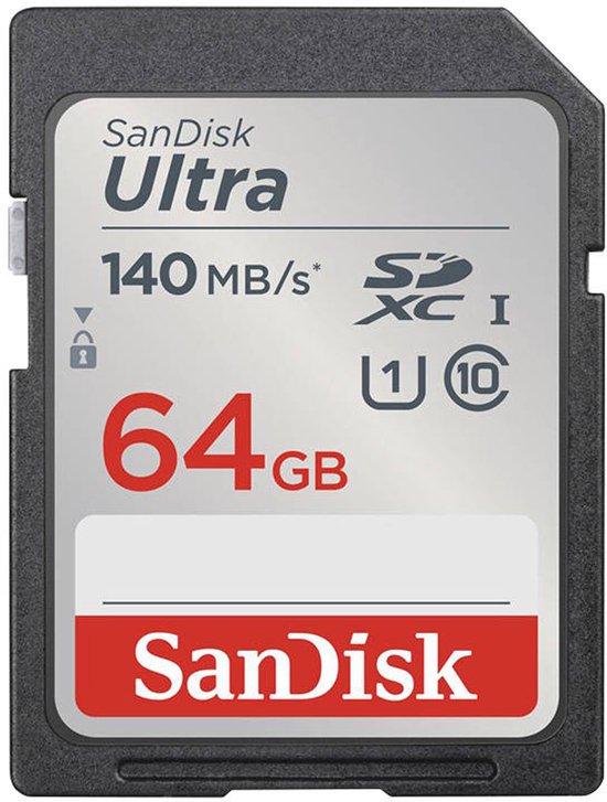 SanDisk Ultra 64GB SDXC geheugenkaart, met 140 MB/s snelheid.