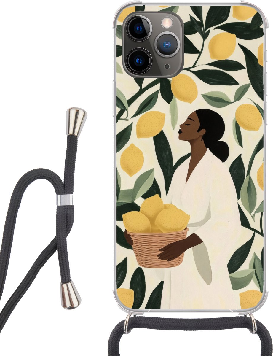 Telefoonhoesje Geschikt voor iPhone 13 Pro - Vrouw - Mand - Citroenen - Bladeren - Siliconen - Crossbody - Backcover met Koord - Telefoonhoesje met koord - Hoesje met touw Telefoonhoesje
