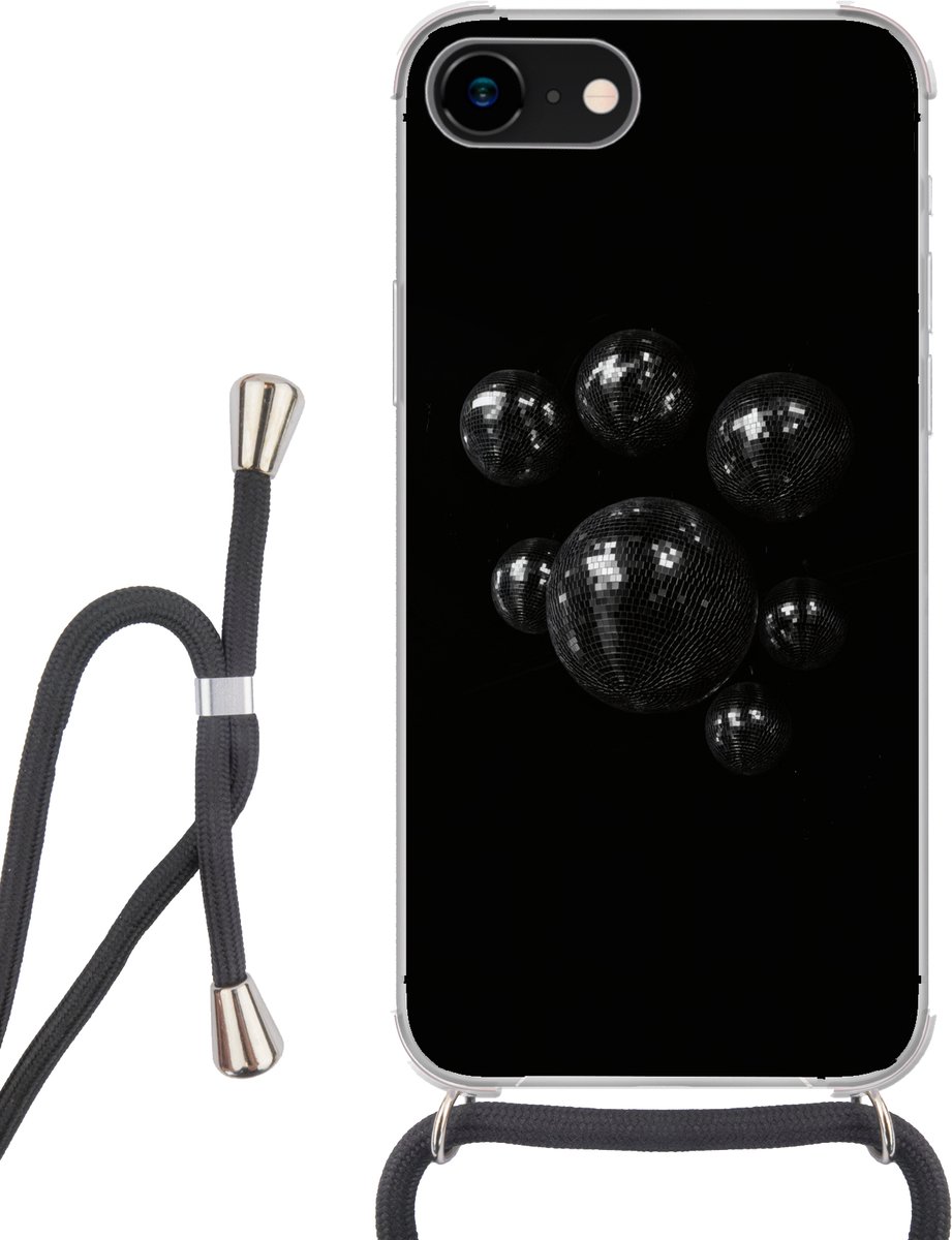 Telefoonhoesje Geschikt voor iPhone 7 - Discoballen - Minimalistisch - Zwart - Siliconen - Crossbody - Backcover met Koord - Telefoonhoesje met koord - Hoesje met touw Telefoonhoesje