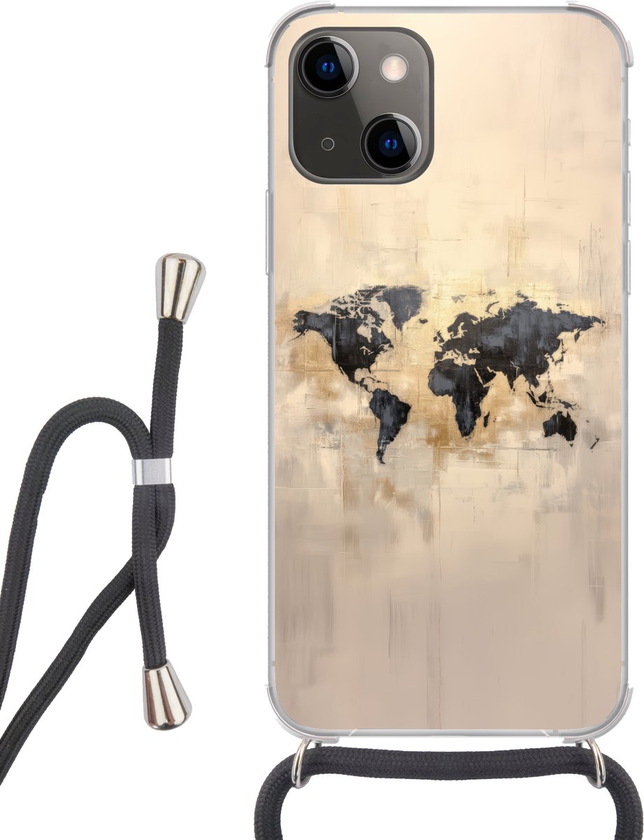 Telefoonhoesje Geschikt voor iPhone 13 Mini - Wereldkaart - Goud - Zwart - Abstract - Siliconen - Crossbody - Backcover met Koord - Telefoonhoesje met koord - Hoesje met touw Telefoonhoesje