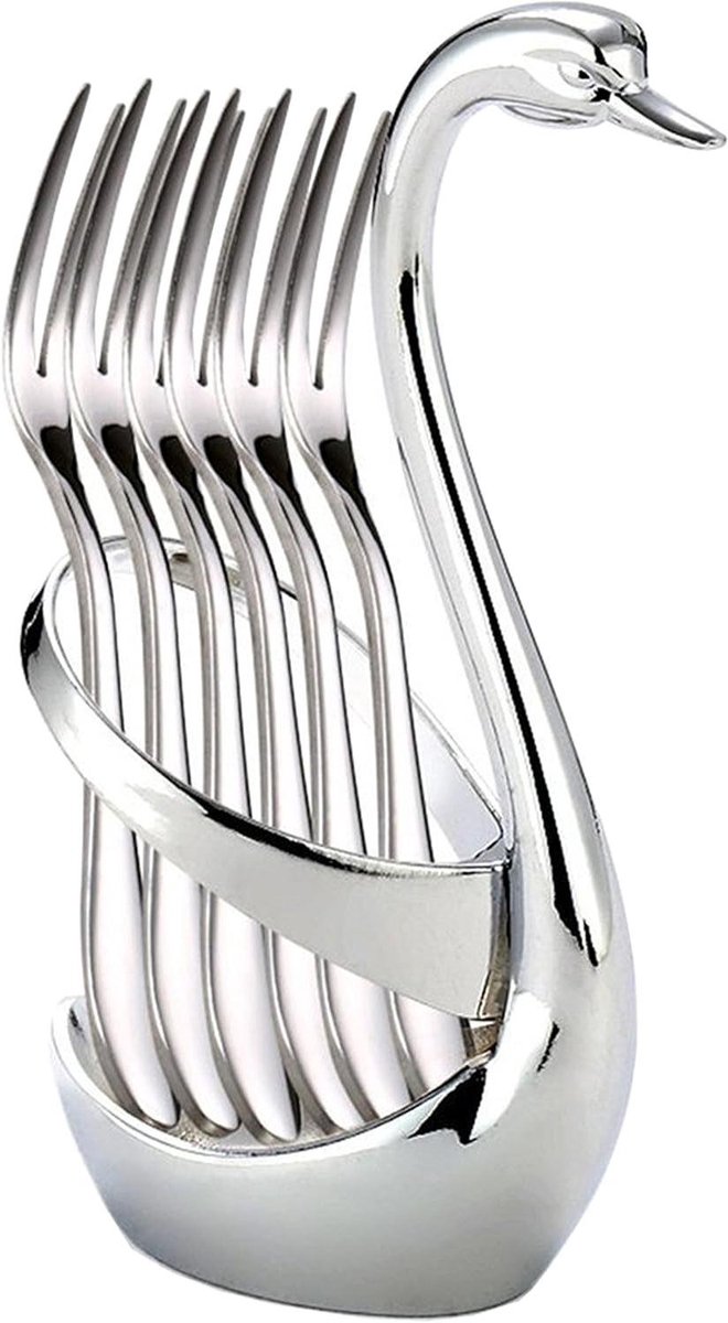 JGS Premium - Fruitvorkenset van roestvrij staal met zwanenbodem en opbergrek voor 6 vorken - Geschikt voor cake, salade, cocktails, desserts, marshmallows, tafel en gebak.