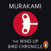 Boekomslag: Murakami, The Wind-Up Bird Chronicle. Met een rode cirkel met een witte opwindsleutel met een vogel-silhouet.