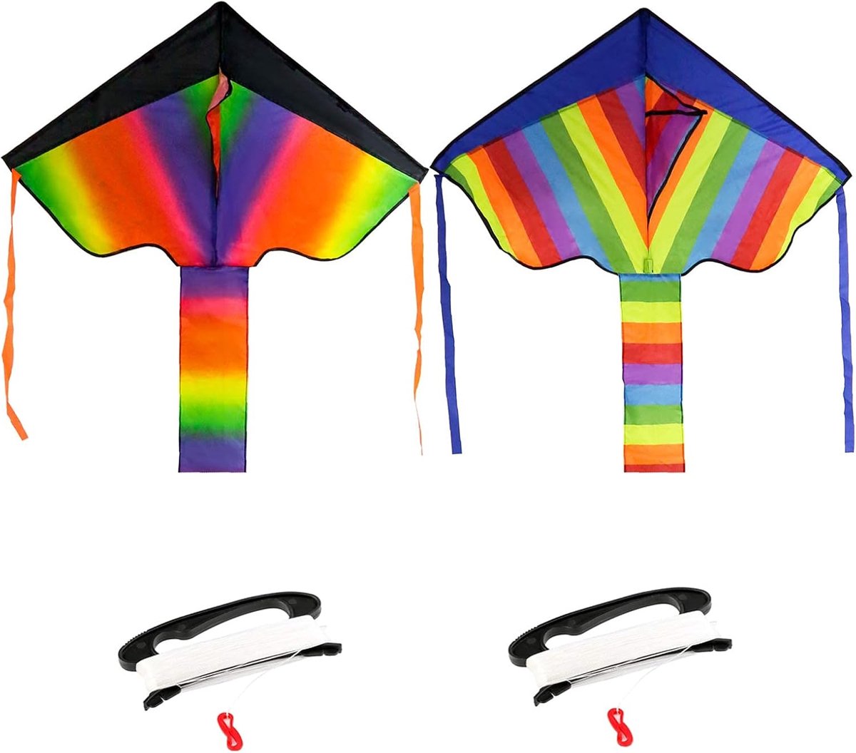 2 Stuks Kleurrijke Vlieger voor Kinderen, Regenboogvlieger voor Volwassenen met Lange Staart, Regenboog Vlieger met 50M Vliegersnoer x2, voor Beginners, Buitenactiviteiten, Strand, Cadeau