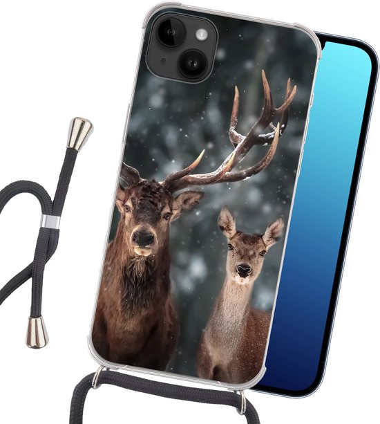 Étui téléphonique Convient pour Apple iPhone 14 Max - Cerf - Animaux - Hiver - Bois - Neige - Nature - Siliconen - Cross Body - Backcover avec Cordon - Étui téléphonique avec cordon - Étui avec corde Étui téléphonique