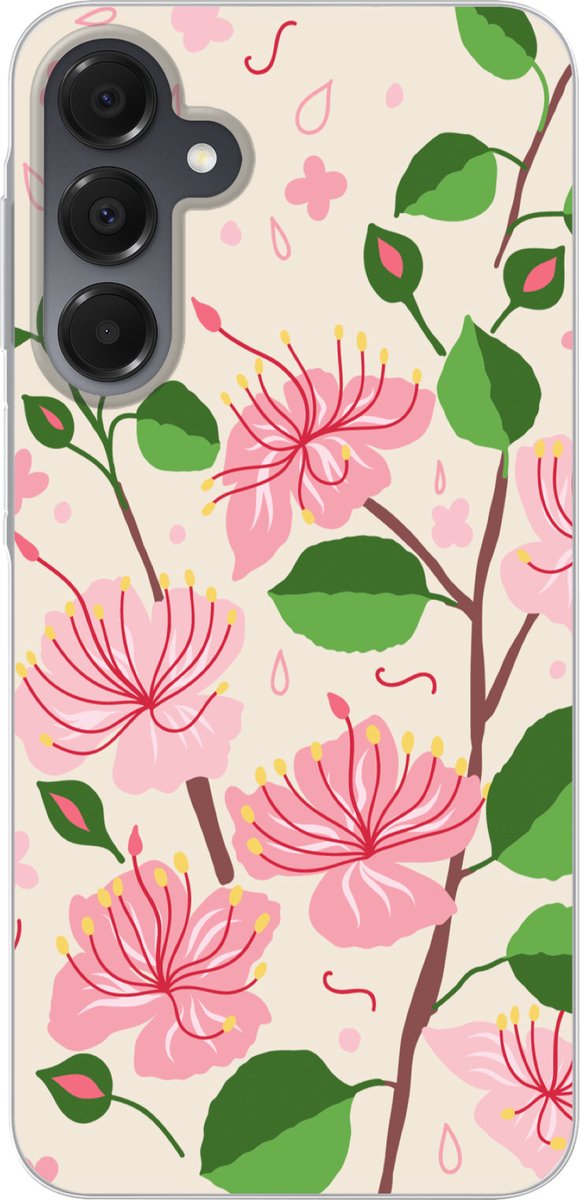Telefoonhoesje Geschikt voor Samsung Galaxy A16 5G hoesje - Bloem - Roze - Blad - Patroon - Siliconen Telefoonhoesje Telefoonhoesje