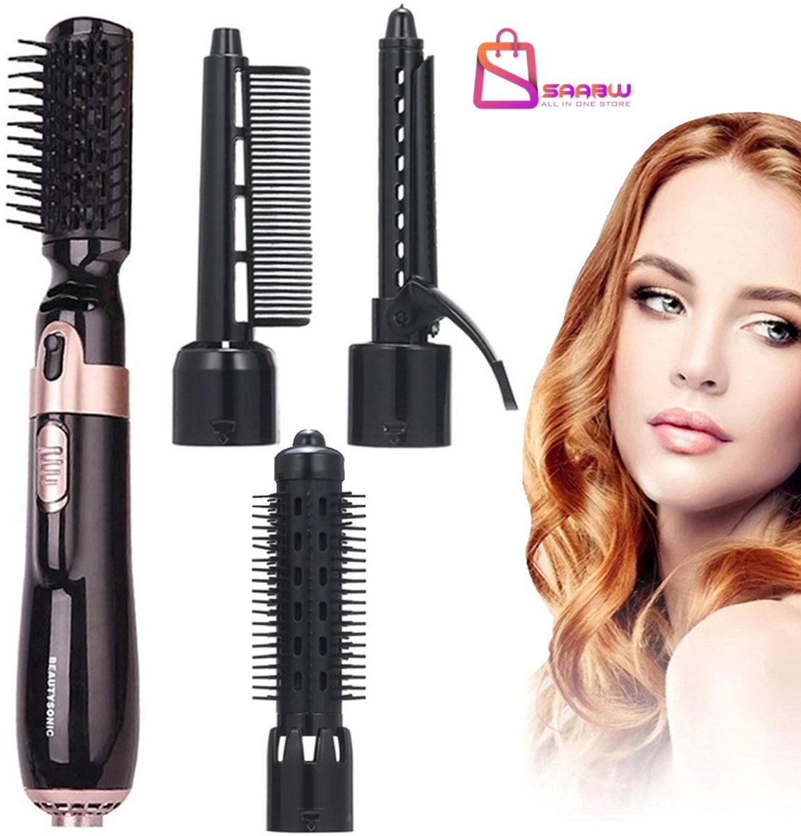 SAABW 4-in-1 Föhn en Krulborstel Set – Haardroger met Opzetstukken – Föhnen – Snelle styling met verwisselbare opzetstukken – Inclusief 4 Opzetborstels – haar droger – 24222