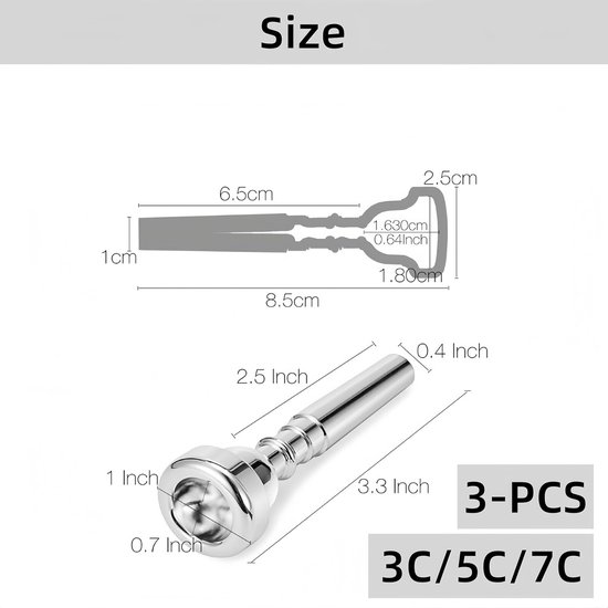 TRANKIELO® – Set de 3 embouchures de trompette en tailles 3C, 5C et 7C – En Messing – Couleur argent – ​​Convient à tous les niveaux d'expérience