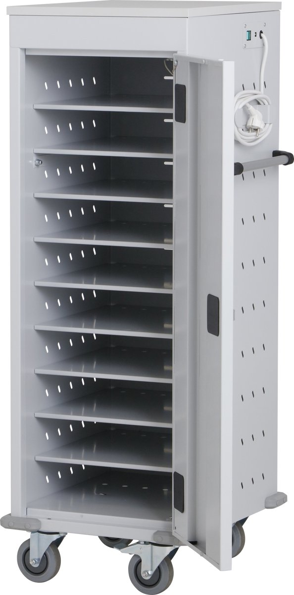 Povag Laptopkar - Tabletkar - 10 opbergvakken met oplaadunits - 125x53x54 cm - Grijs
