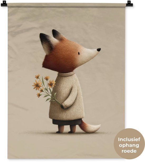 Wandkleed met vos in trui en bloemen. Inclusief zwarte ophangroede.
