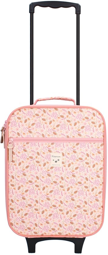 Roze koffer met bloemenprint, ritssluiting en uittrekbaar handvat.