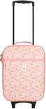 Roze koffer met bloemenprint, ritssluiting en uittrekbaar handvat.