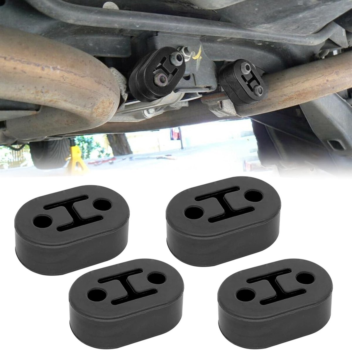 Image of 4 Pieces Rubber Hanger Bracket Mount - Car Exhaust Bracket Universal - Geschikt voor Alle Voertuigen - Ter Bescherming van het Achterste Systeem - 2 Holes 12mm - Zwart
