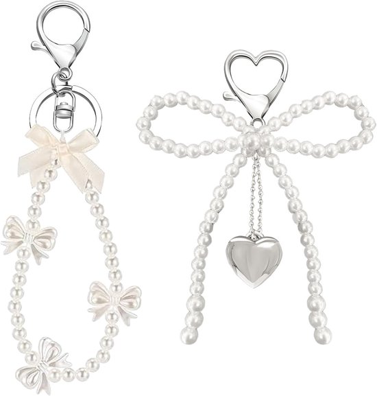 Lot de 2 porte-clés en Pearl avec nœud pour femme – Porte-clés Mode pour sac et voiture – Breloques dorées – Wit – L