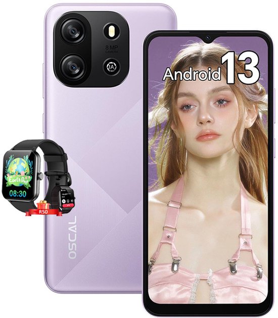 Oscal Flat 1C Smartphone - 4GB RAM 32GB ROM - Android 13 - 4700 mAh - Dual SIM 4G - GPS - Paars met Slimme horloge Blackview R50