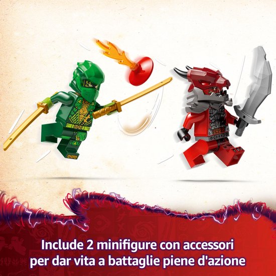 Groene LEGO Ninjago ninja met gouden zwaarden tegen een rode krijger met zwaard.