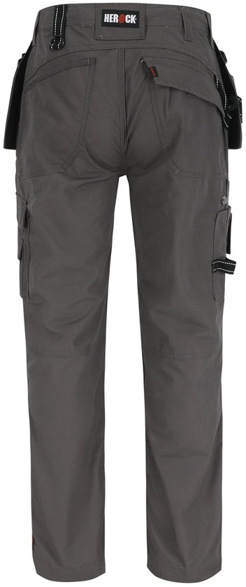 Grijze werkbroek met zakken en bretels, herock logo op de achterkant.