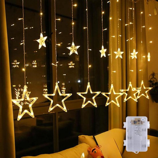 Inovra Plus - Kerstster verlichting op batterijen 2 meter - 12 sterren gordijnverlichting met 8 modi en timer - IP44 waterdicht - Hanglampen voor binnen en buiten - Feest en bruiloft decoratie