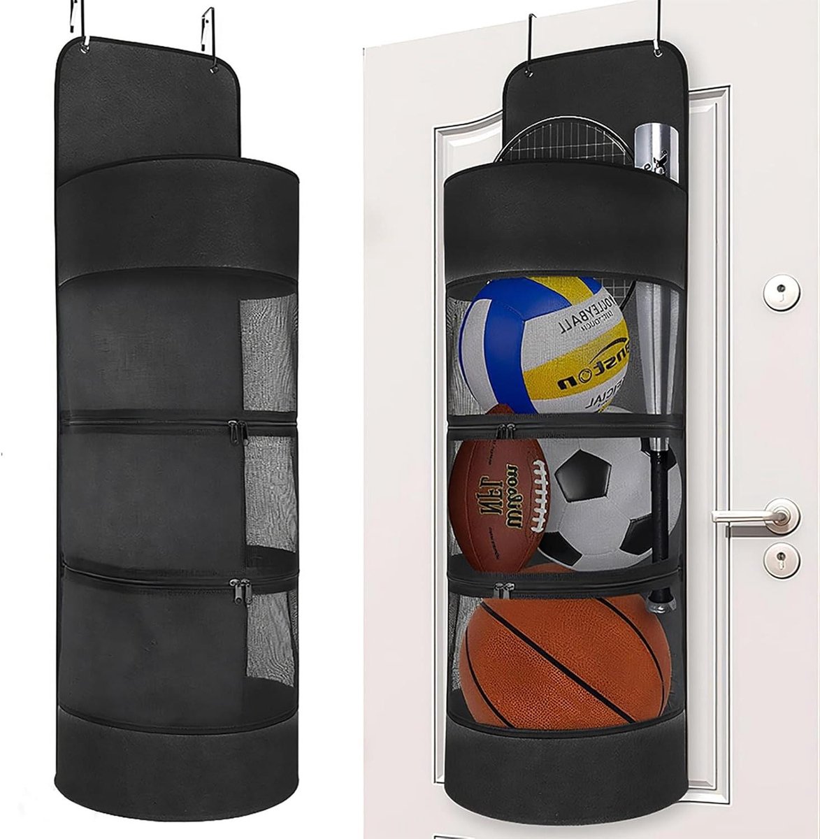 Inovra Plus - Opbergsysteem voor sportuitrusting aan de deur - Hangende organizer met balhouder en 2 haken - Ideaal voor basketbal, voetbal, volleybal en tennis - Zwart