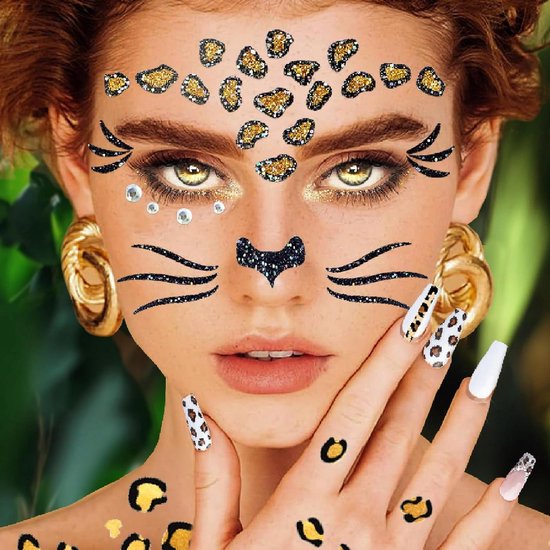 Meanju 8-teilig Leoparden Kostüm Set,Leopard Gesicht Kunst Aufkleber Ohren Haarreif Schwanz Armband Fliege Leopardenmuster Tattoo,für Kinder Karneval Fasching Halloween Party, Braun