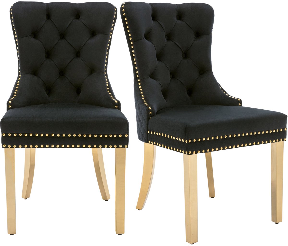Merax Eetkamerstoelen Set van 2 – Zwart Velvet met Gouden Poten – Luxe Fluwelen Stoelen met Handgreep en Nagelkopdetails – 150 kg Draagvermogen