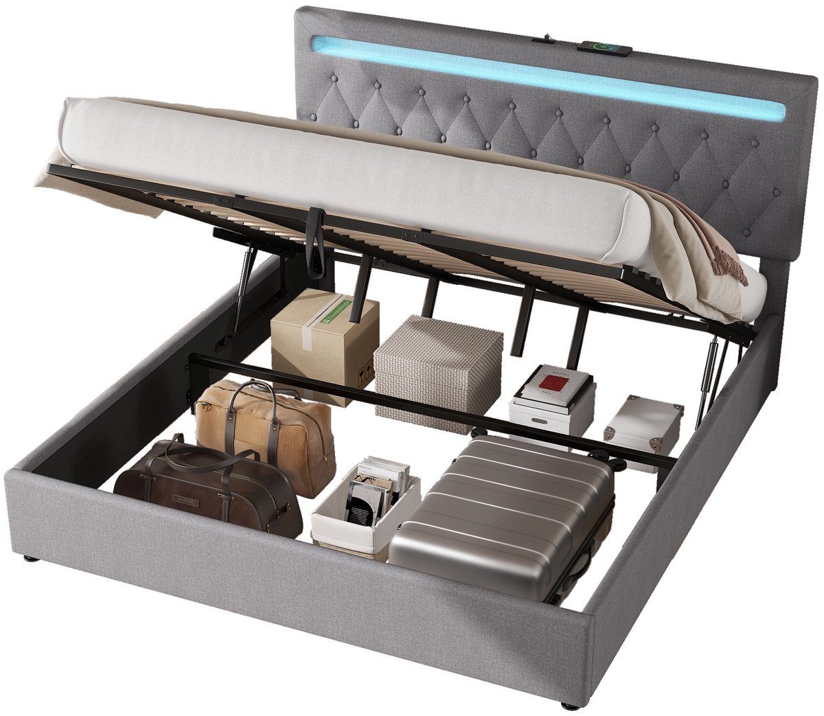 Merax 180x200cm Fluweel Bed met Hydraulische Liftmechanisme - LED Verlichting - USB Oplaadpunt en Grote Opbergruimte - Grijs