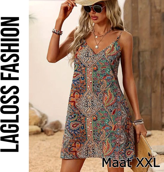 LaGloss® Robe de plage bohème à imprimé cachemire pour femme – Robe d'été Mouwloos à fines bretelles – Robe portefeuille Boho – Taille XXL