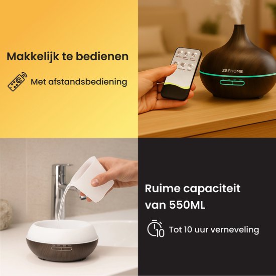 Een vrouw bedient een donkere 2BEHOME aroma diffuser met afstandsbediening en vult deze met water.