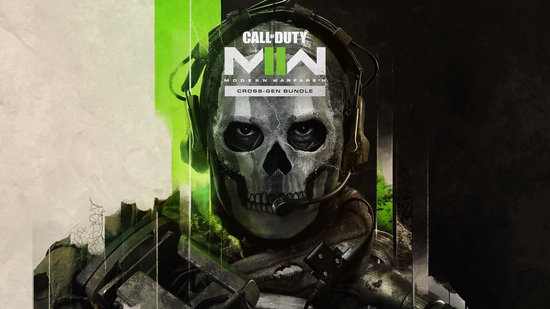 Cover art voor Call of Duty: Modern Warfare II met een schedelmasker en groen-witte achtergrond. "CALL OF DUTY MIN MODERN WARFARE II CROSS-GEN BUNDLE"