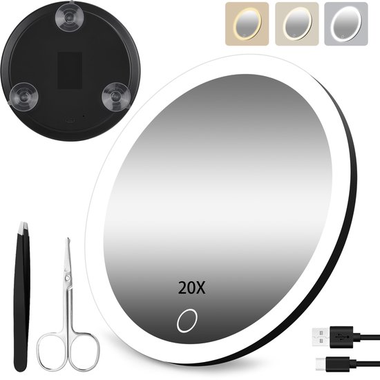 Macaki 20X/30X/40X Vergrootspiegel met zuignappen en Pincetten Set, 3.5 inch Reizen Vergrote Make-up Spiegel, Zwart, 3 STKS