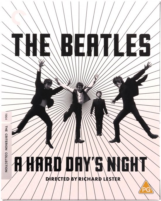 Les Beatles posent sur une affiche pour "A Hard Day's Night" avec le texte "THE BEATLES A HARD DAY'S NIGHT".