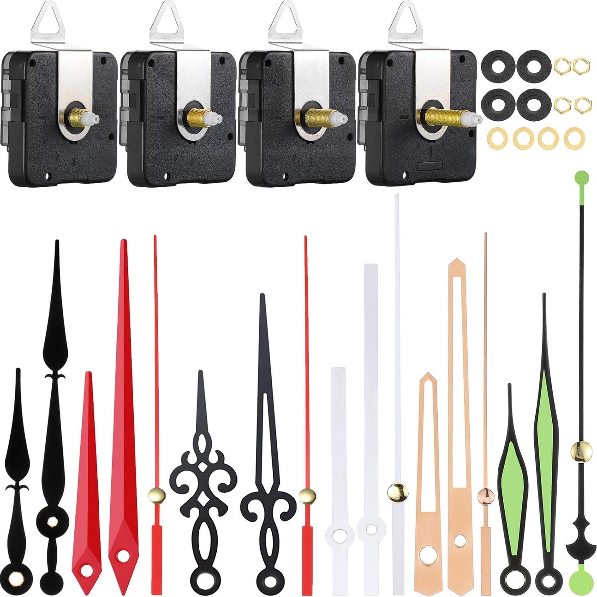 4pcs Vervangende Klokmechanismen met 6 Verschillende Pairs van Wijzers - Reparatie Onderdelen (13mm, 16mm, 20mm, 28mm-0.51inch, 0.63inch, 0.79inch, 1.1inch)