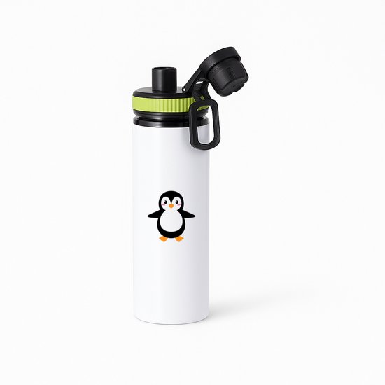 Gourde blanche avec un mignon motif de pingouin et un bouchon vert.