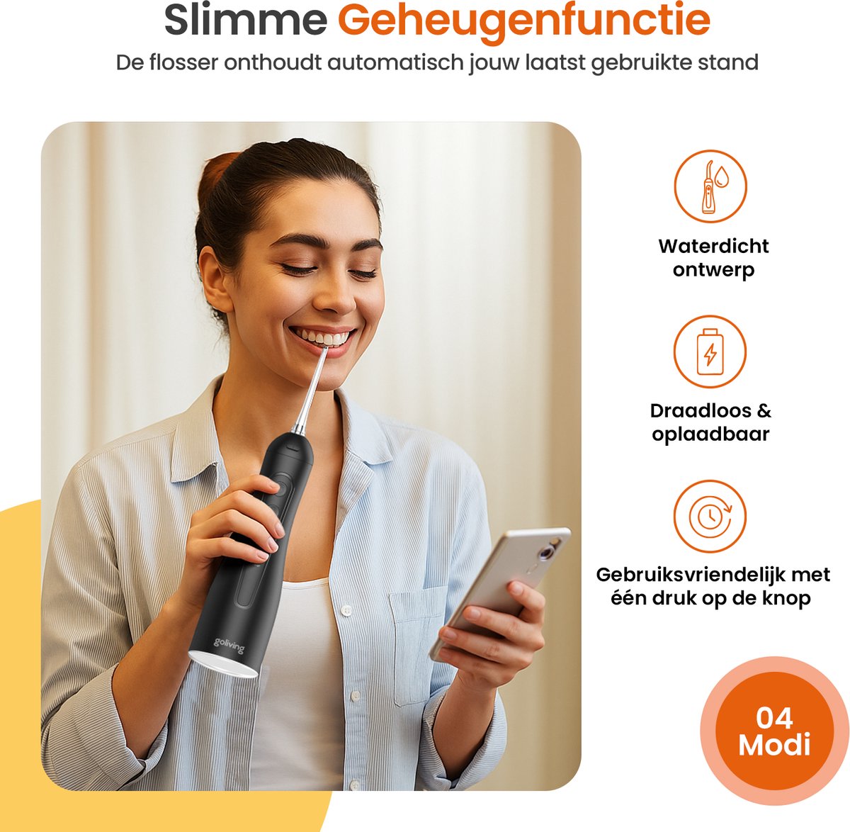 Goliving Waterflosser - 5 Opzetstukken - 4 Standen - Incl. Reistasje - Monddouche 300 ml - Elektrisch Flosapparaat - Draadloos & USB Oplaadbaar - Zwart thumbnail 7