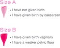 Coupe menstruelle rose, tailles A et B, avec texte indiquant la convenance.