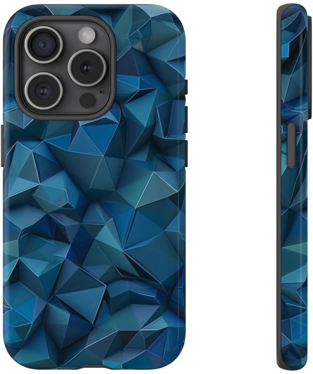 Diepblauw Geometrisch Polygonenpatroon – Telefoonhoesje Geschikt voor iPhone 15 Pro