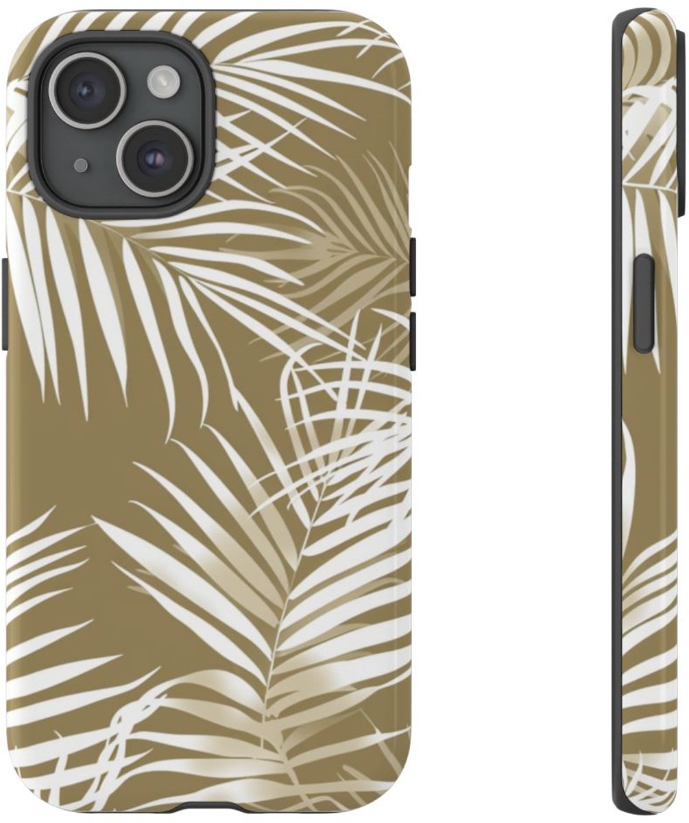 Witte Palmbladeren op Khaki Achtergrond – Telefoonhoesje Geschikt voor iPhone 15