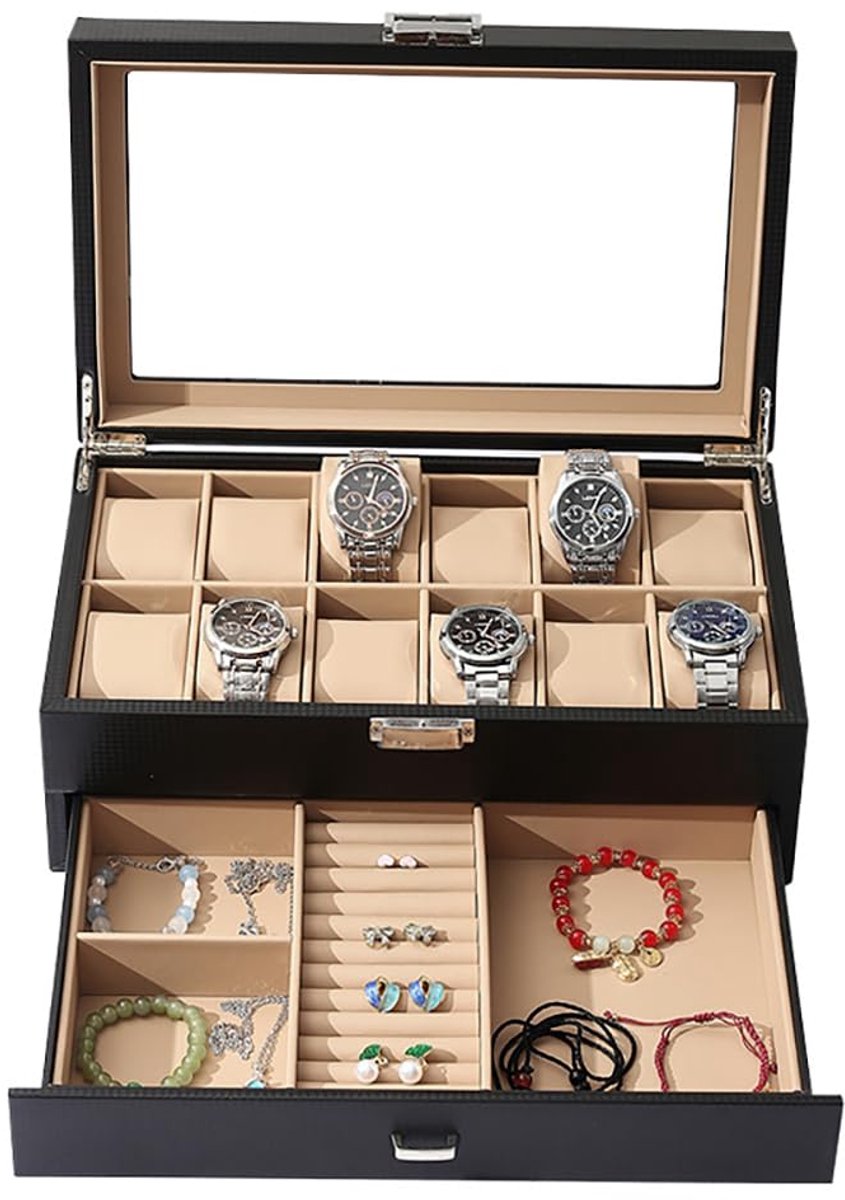 NEWFUN Horlogebox voor 12 horloges, 2-laags horloge-organizer, dubbele ruimte voor ringen, oorbellen, enz., cadeau, bruin