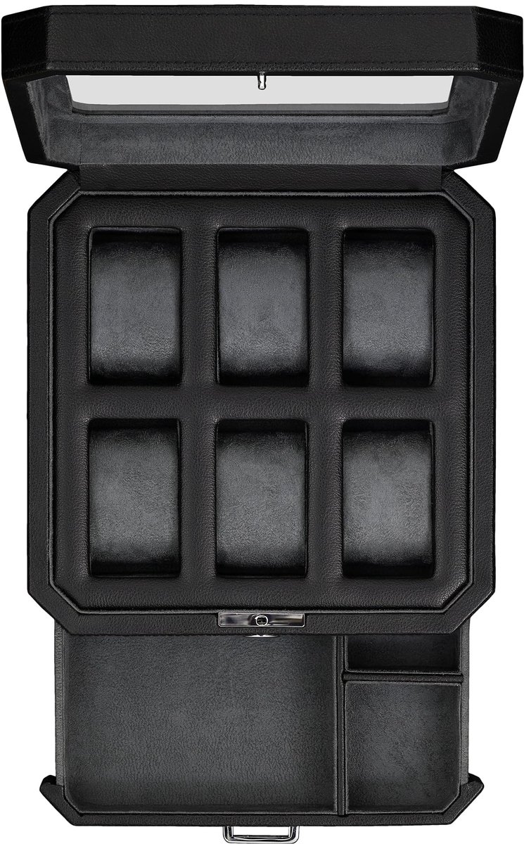 ROTHWELL 6-vaks leren horlogebox met lade - Luxe horlogekast organizer, opbergboxen voor heren, grote glazen bovenkant (zwart-grijs)