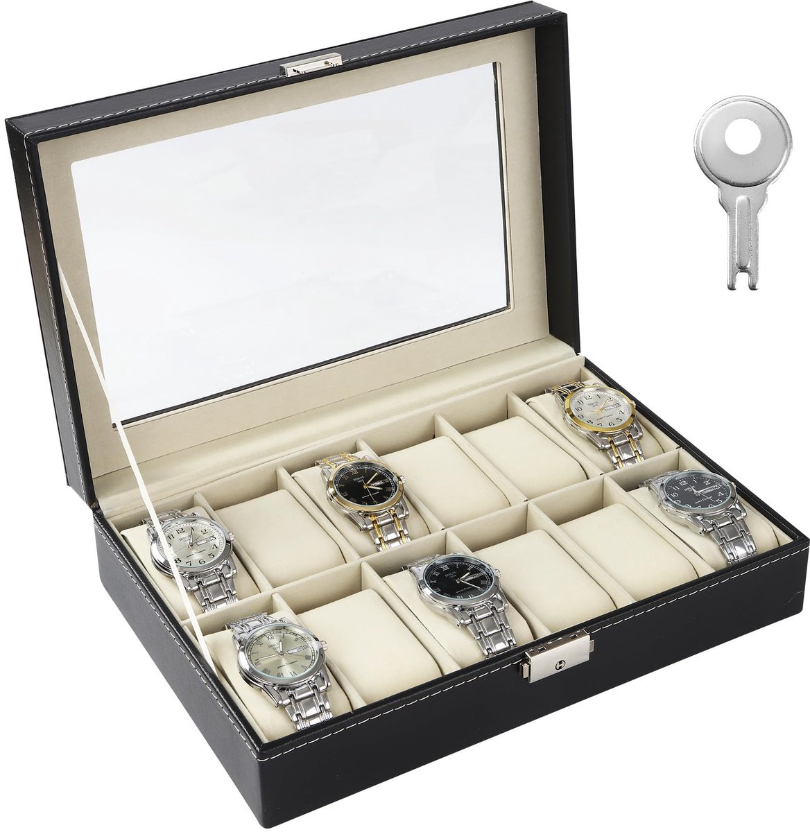 Horlogebox met 12 compartimenten, horlogekast met glazen deksel, gemaakt van fluweel, geschikt voor het opbergen van horloges, sieraden, enz., het beste cadeau voor mannen