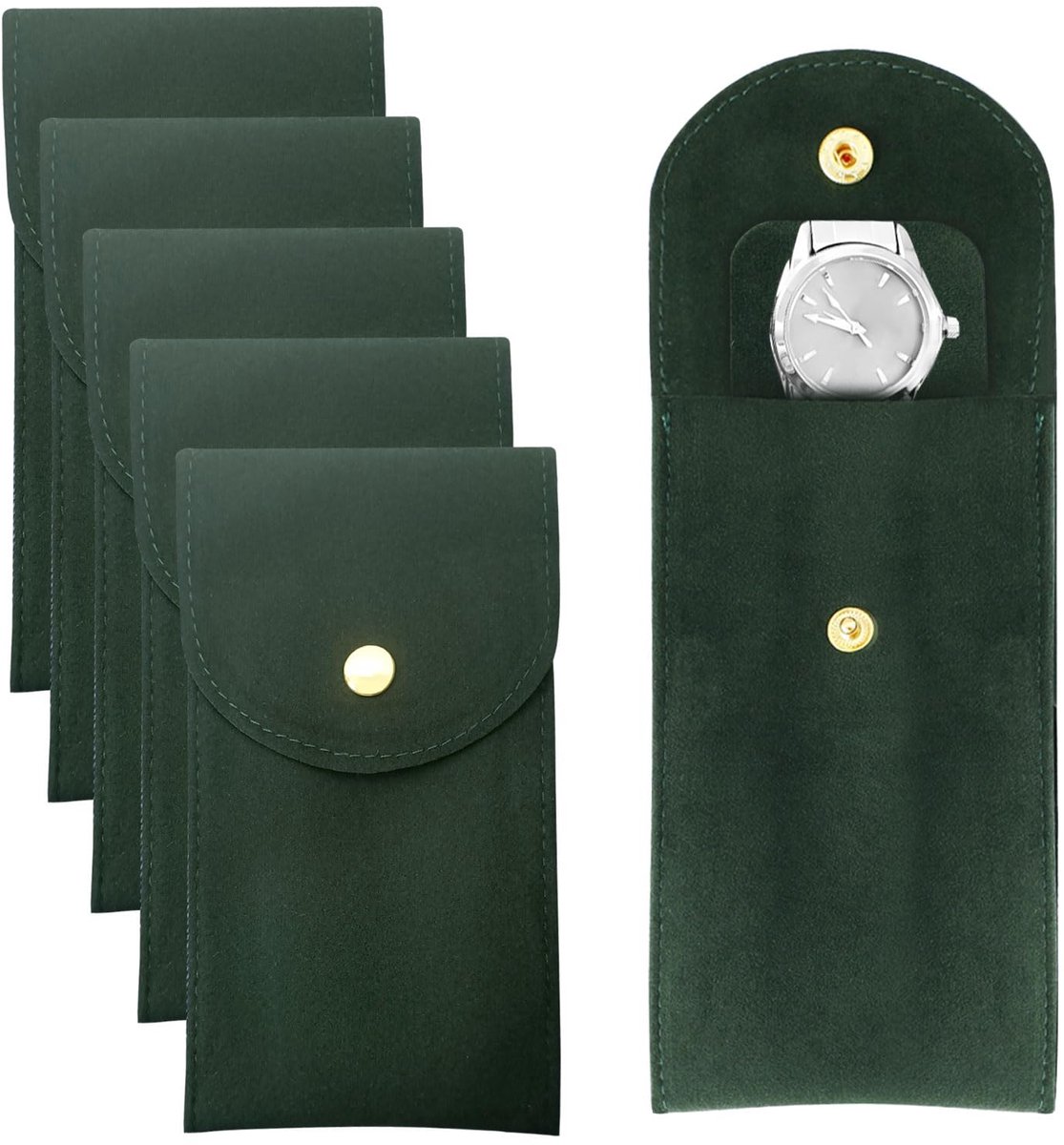EUPSIIU 5-pack horloge-opbergtas, reistas voor horloges, draagbare reistas voor één horloge, horlogetas, cadeautas, horloge-opbergtas, cadeautas voor reizen buitenshuis (donkergroen)