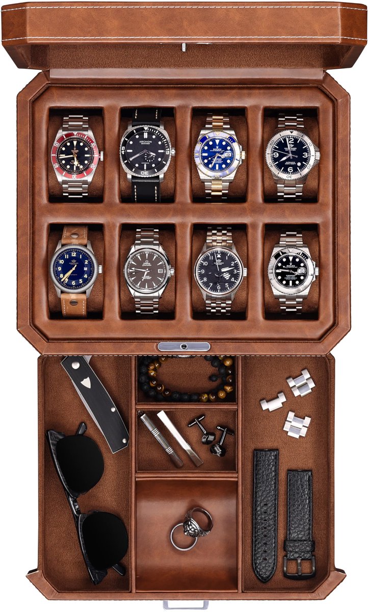 ROTHWELL leren horlogebox met 8 vakken en opberglade - Luxe sieradenorganizer, afsluitbare displayhouder, echt glazen blad - Horlogeboxorganizer voor mannen en vrouwen