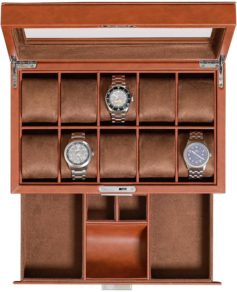 ROTHWELL leren horlogebox met 10 compartimenten, luxe horlogekast, display organizer, afsluitbare sieradenhorlogehouder met glazen deksel (lichtbruin-bruin)