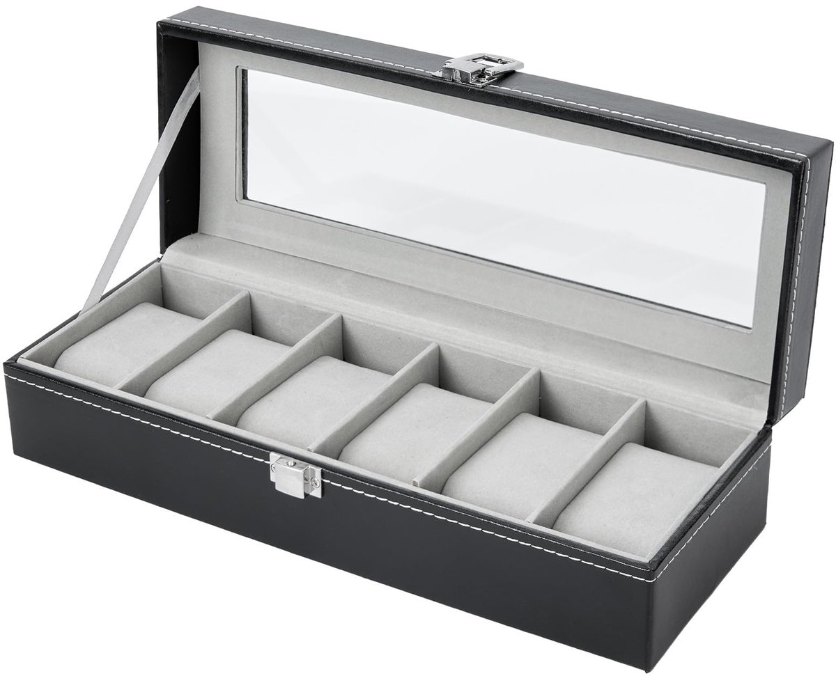 Ohuhu horlogebox met 6 compartimenten, horlogebox horloge opbergbox met glazen deksel, horlogebox van PU leer en fluwelen voering, cadeau-idee voor verjaardag Vaderdag Kerstmis