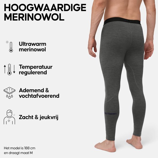 Donkergrijze merinowollen legging met zwarte tailleband. Het model is 188 cm en draagt maat M.